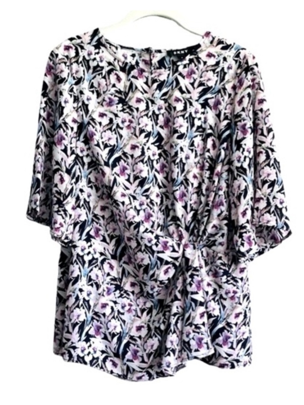 Dkny Short Sleeve Floral Blouse Front Knot Floral Black Purple White Size M